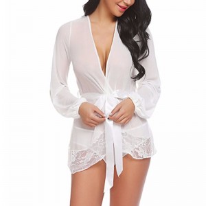Сексуальная прозрачная сетка на шнуровке Пижамы Кружевная отделка Самозавязывающаяся тонкая ночная рубашка Халат, нижнее белье, с поясом N18925