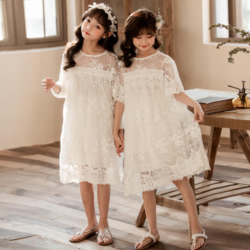 Новая летняя хлопковая сетчатая сетка кружевные девушки платья детская юбка детская одежда 3-14 лет белая принцесса платье