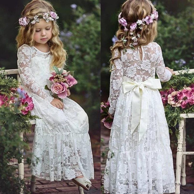 Летняя девушка свадебное кружевное платье в возрасте 2-12 платьев принцессы Большой лук подружек невесты Свадебное конкурс для цветочных девушек